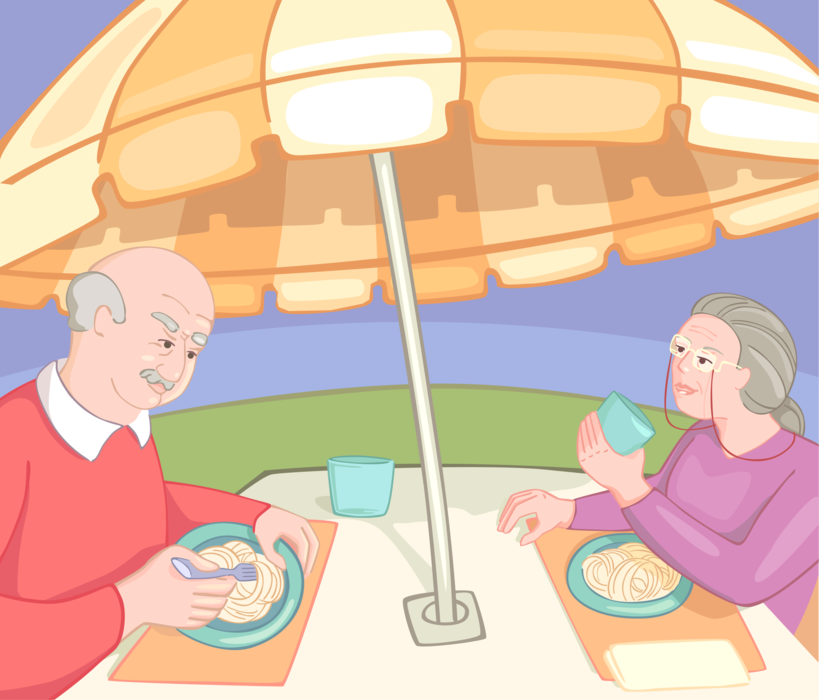 Vector Illustration of Retired Elderly Couple Have Lunch on the Patio with Shade Umbrella