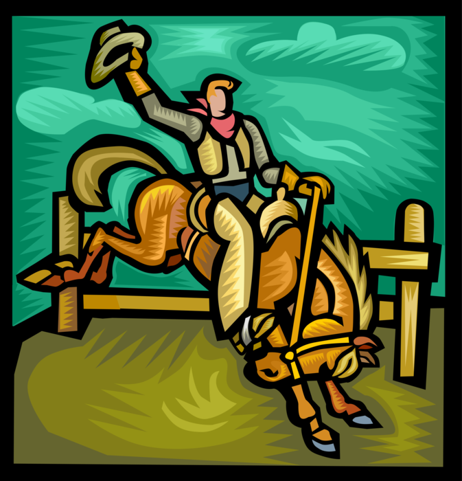 Vector Illustration of Rodeo Cowboy Rides Bucking Bronco Horse in Competition