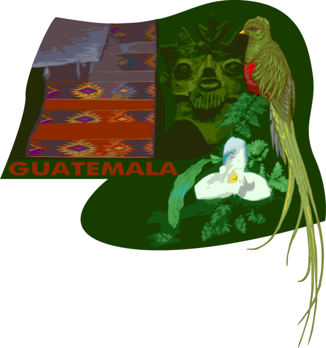 Vector Illustration of Guatemala Quetzel Bird, with Golden Gate Orchid and Mayan Ruins