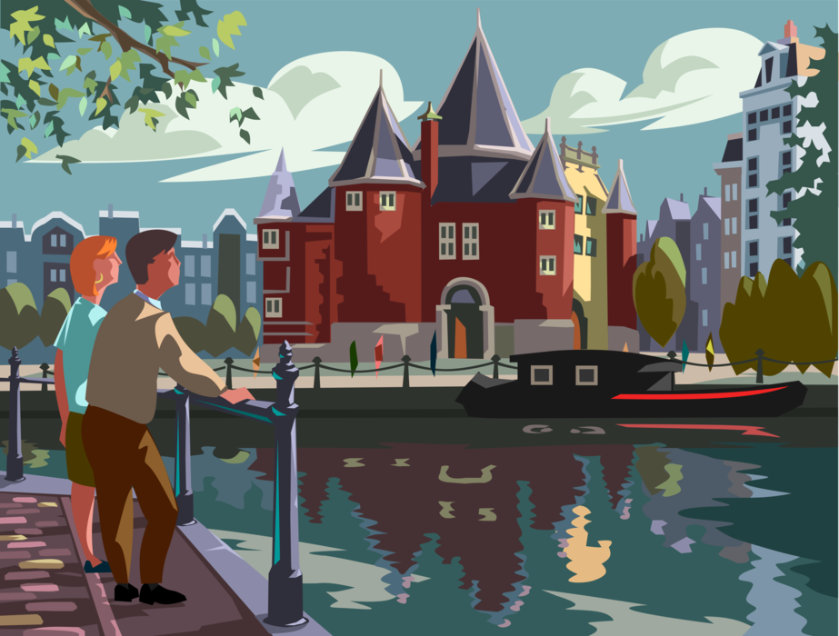 Vector Illustration of Amsterdam Nieuwmarkt Square with Dutch Couple at Edge of Canal, Holland, The Netherlands