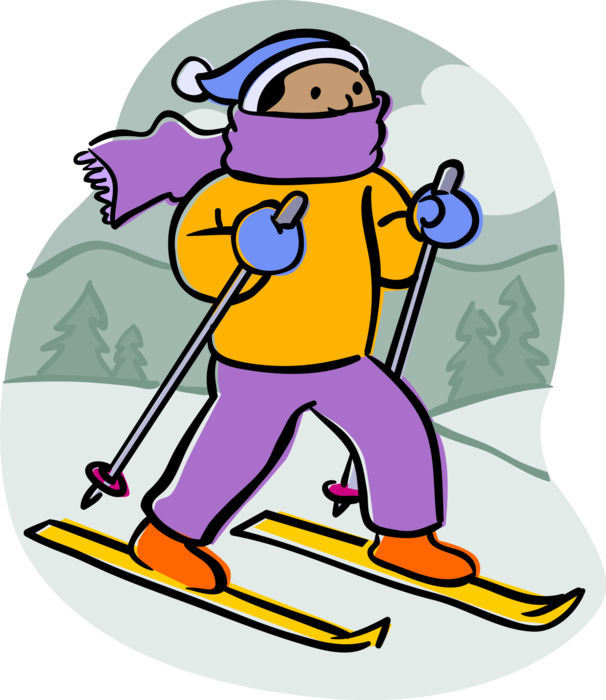 Vector Illustration of Downhill Alpine Skier in Scarf and Toque Skiing with Skis and Poles