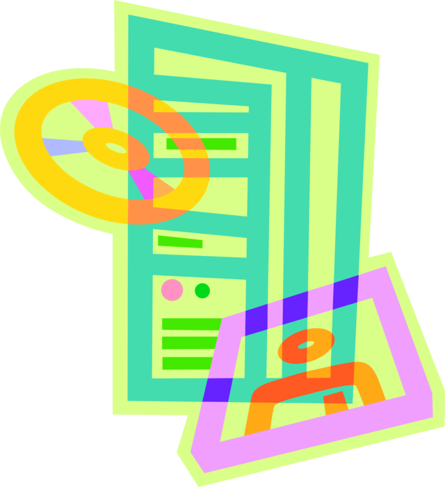 Vector Illustration of CPU Personal Computer Workstation with Digital Media Disk