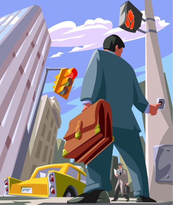 Vector Illustration of Businessman Crossing Busy City Street Intersection Pushes Crosswalk Button