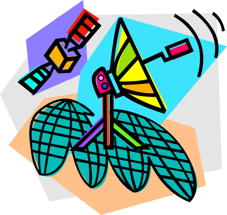 Vector Illustration of Telecommunications Satellite and Dish Parabolic Antenna Receives Electromagnetic Signals 