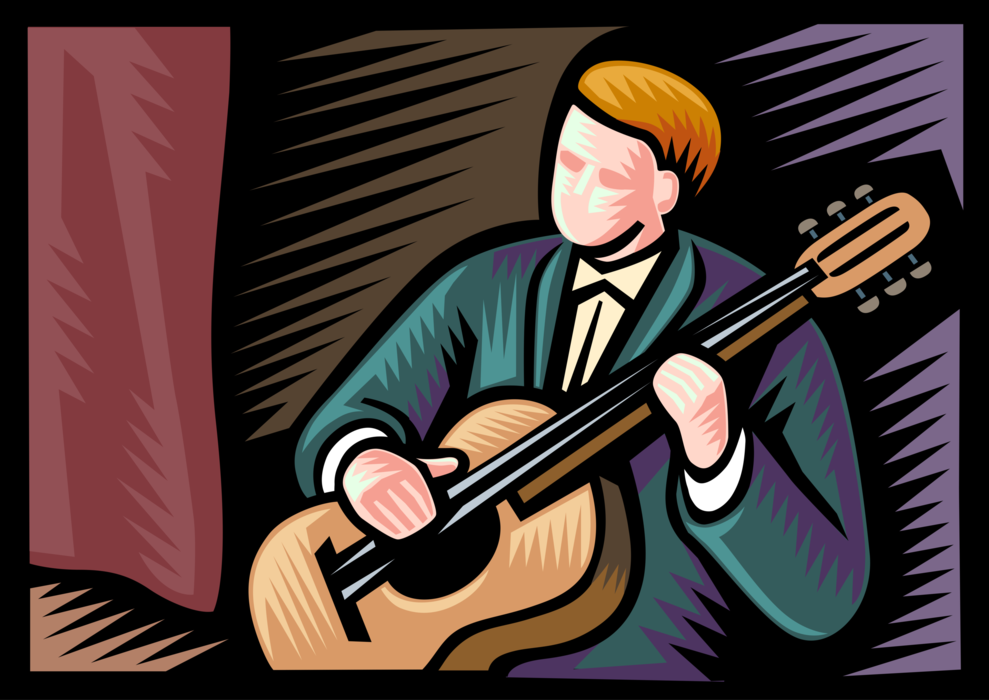 Vector Illustration of Musician Plays Flamenco Acoustic Guitar String Musical Instrument