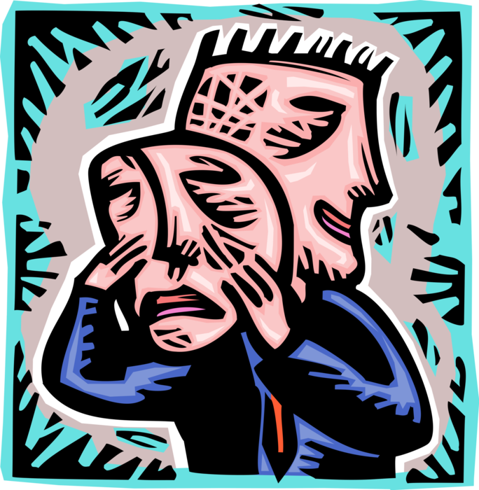 Vector Illustration of Deceitful Insincere Two-Faced Man with Sad and Happy Face Masks