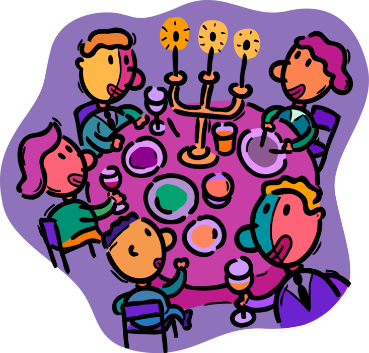 Vector Illustration of Family Eating Dinner or Supper Together at Dining Room Table