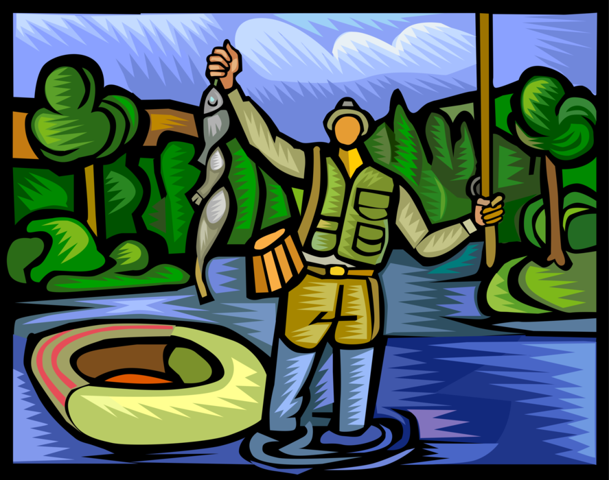 Vector Illustration of Sport Fisherman Angler with Fishing Rod and Day's Catch of Fish