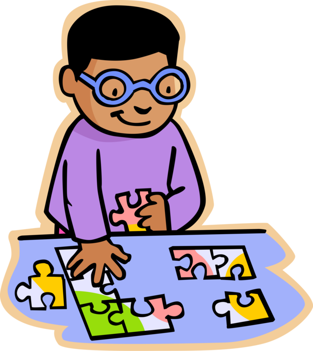 Vector Illustration of Primary or Elementary School Student Boy Makes Puzzle Tests Ingenuity or Knowledge