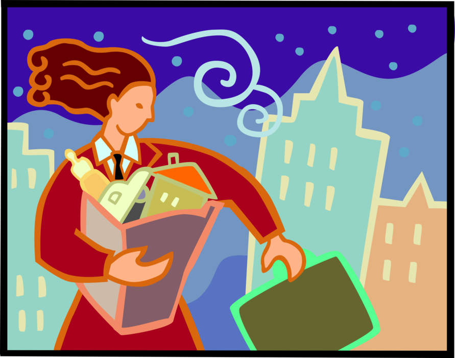 Vector Illustration of Businesswoman Carries Heavy Load of Work and Family Responsibilities