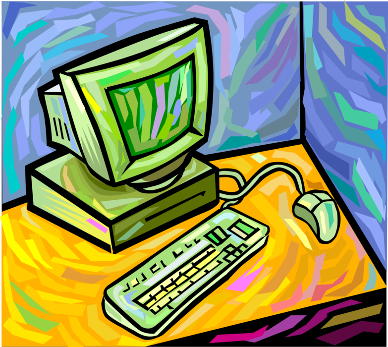 Vector Illustration of Desktop Computer Workstation System Monitor and Keyboard with Mouse
