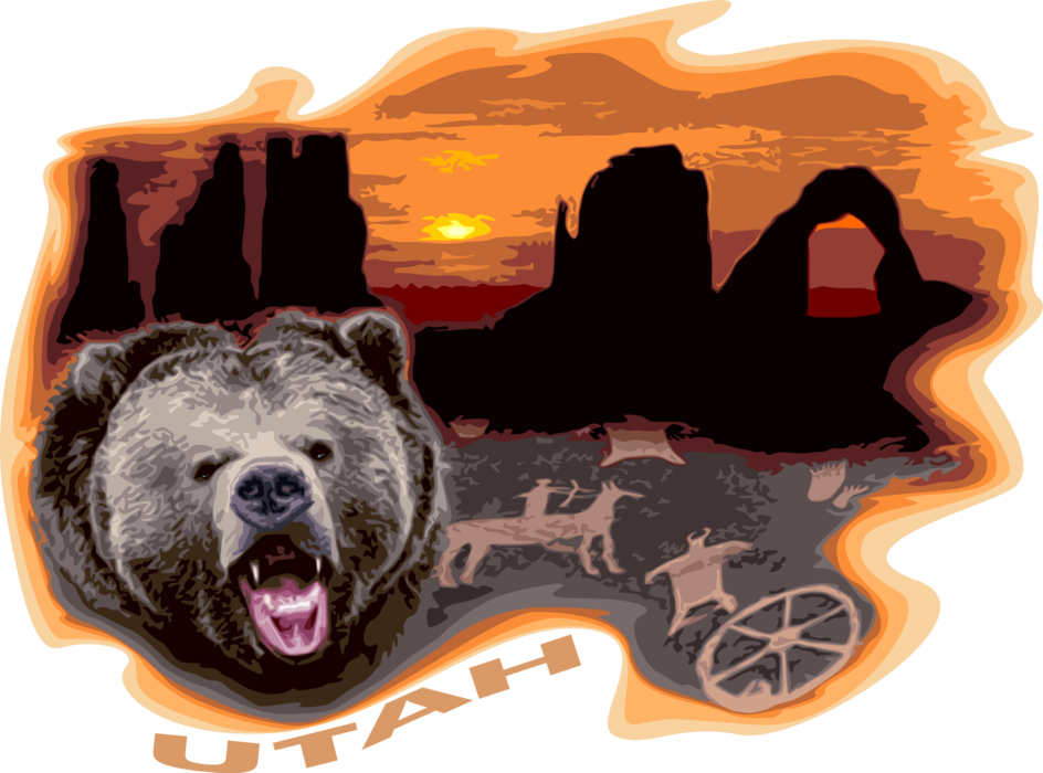 Vector Illustration of Utah Arches National Park with Arch and Pinnacles, Cave Paintings and Grizzly Bear