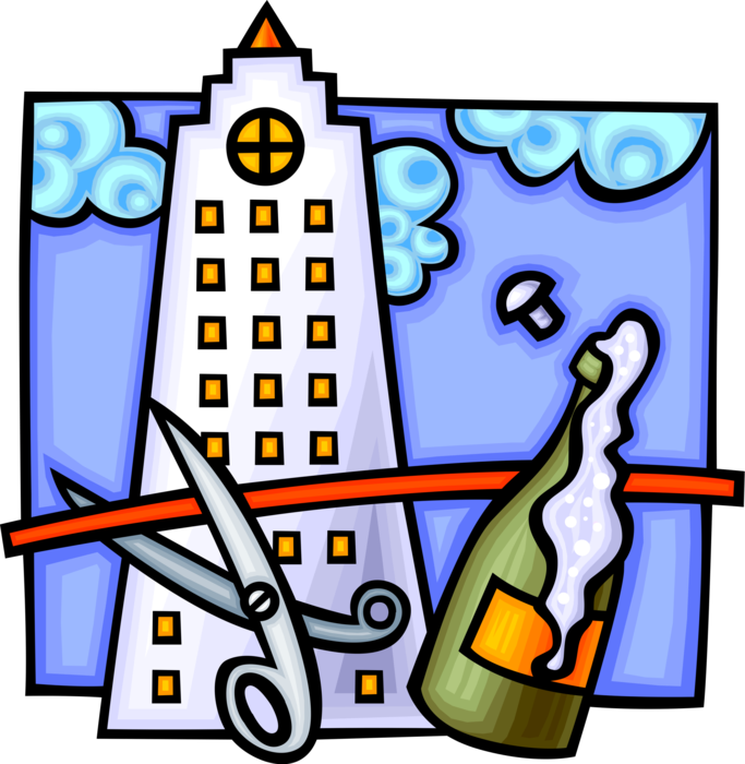 Vector Illustration of Cutting the Ribbon with Scissors on New Building and Celebrating with Champagne
