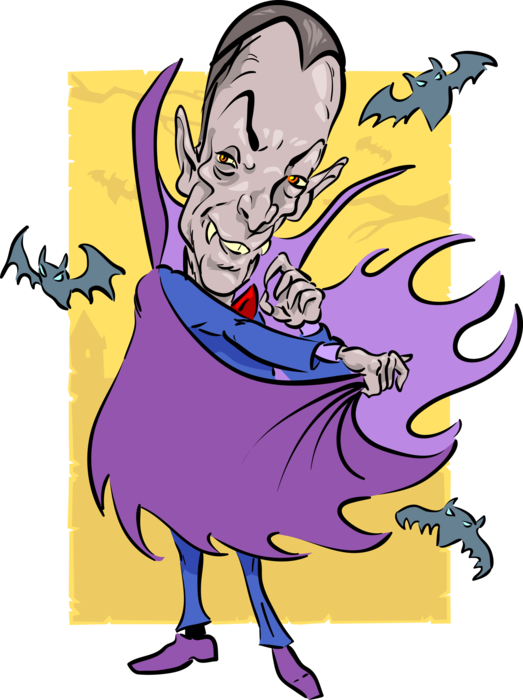 Vector Illustration of Halloween Vampire Dracula Bloodsucker Monster with Bats Flying