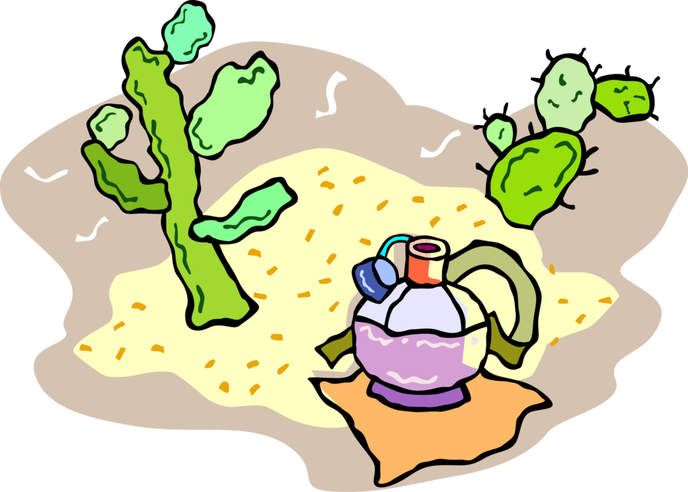 Vector Illustration of Desert Vegetation Succulent Cactus and Water Canteen