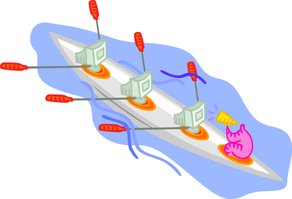 Vector Illustration of Computer Scullers Rowing Sculling Boat on Water with Coxswain and Megaphone