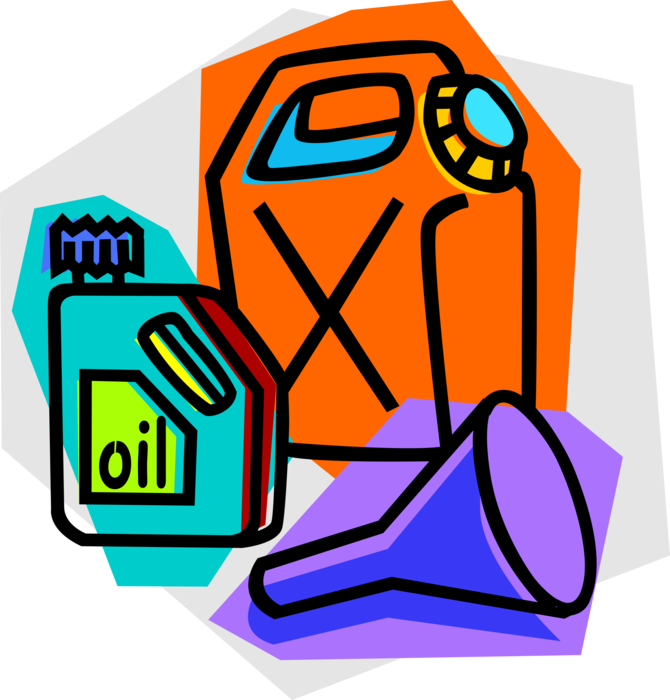 Vector Illustration of Petroleum Motor Oil Lubricant, Portable Gasoline Jerry Can Gas Tank, Funnel