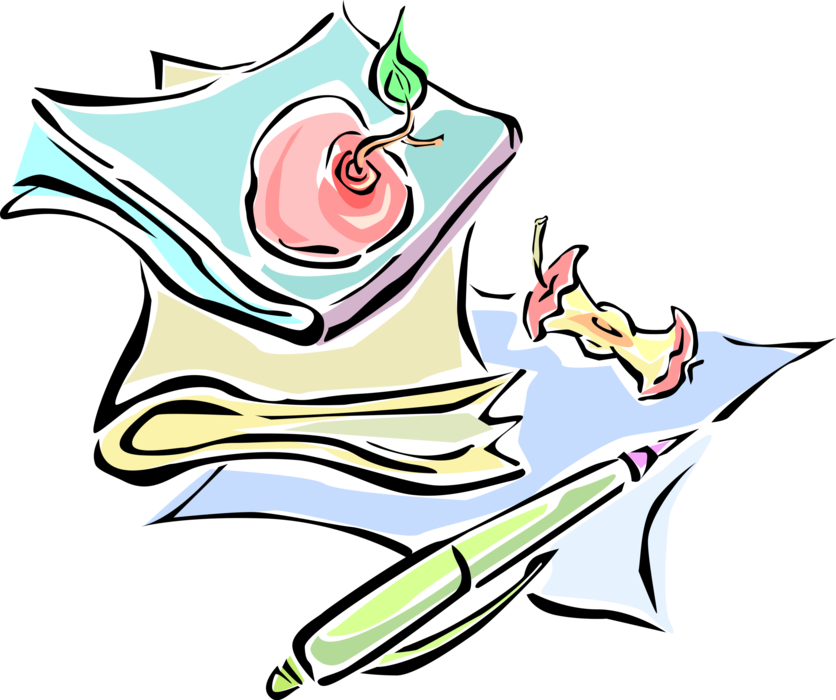 Vector Illustration of Schoolwork with Apple Core, Schoolbooks and Pen Writing Instrument
