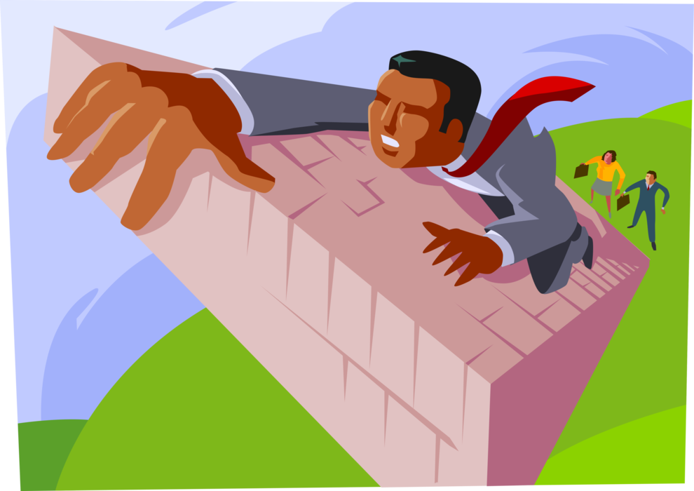 Vector Illustration of Businessman Struggles to Climb Wall as Colleagues Watch