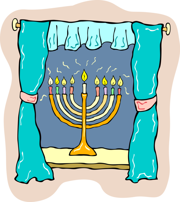 Vector Illustration of Jewish Chanukah Hanukkah Menorah Lampstand Nine Candles Candelabrum on Window Sill