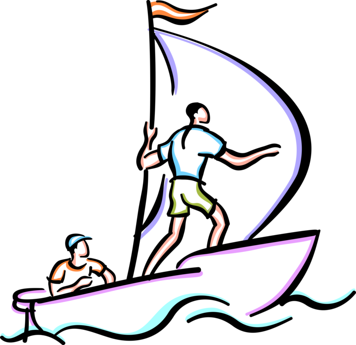 Vector Illustration of Sailors Sail in Sailboat Watercraft Vessel with Sails