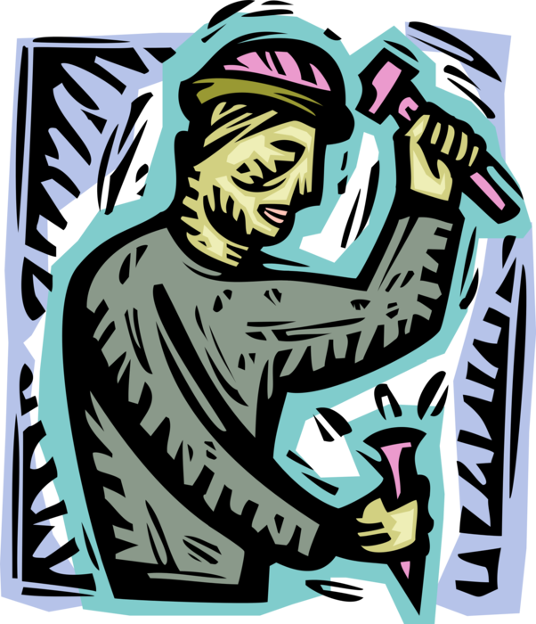 Vector Illustration of Construction Worker with Hammer and Chisel Tools