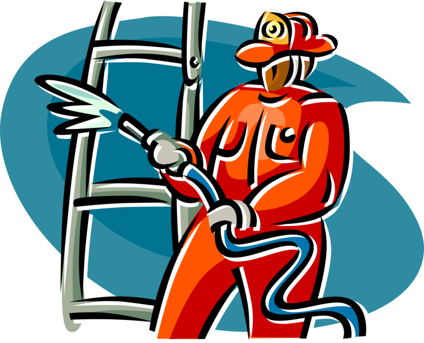 Vector Illustration of Firefighter Fights Fire with Ladder and Water Hose
