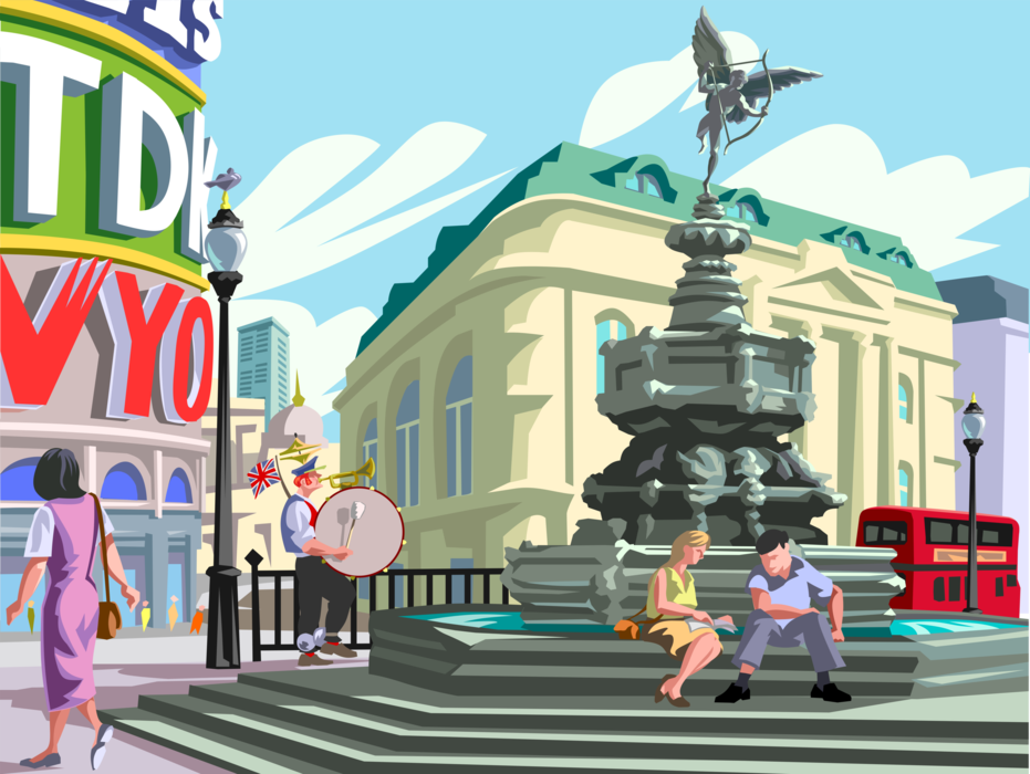 Vector Illustration of Piccadilly Circus with Shaftesbury Memorial Fountain, London, England
