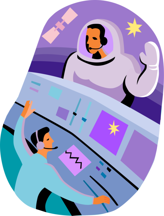Vector Illustration of Astronaut in Space Communicates via Satellite to Ground Control
