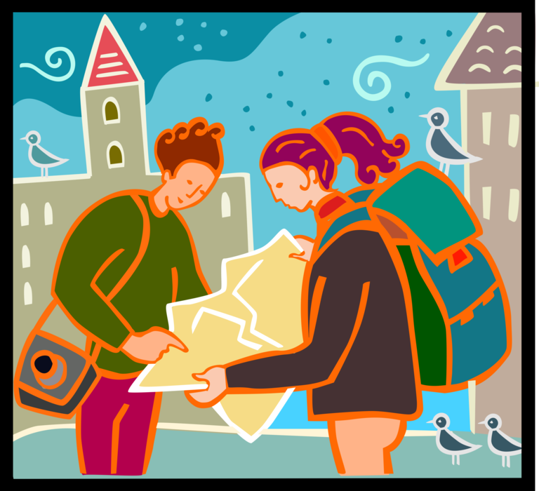 Vector Illustration of Tourists Study Map for Directions on Vacation Holiday