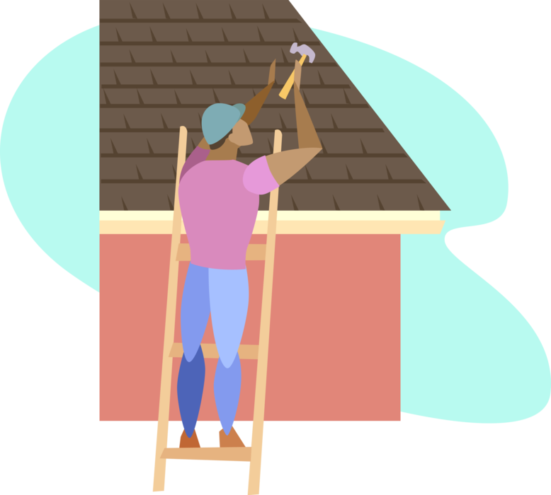 Vector Illustration of Construction Roofer on Ladder Replaces Roof Shingles with Hammer and Roofing Nails