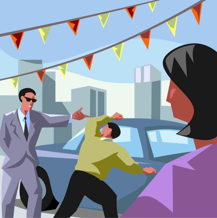 Vector Illustration of Shady used Car Salesman Selling Automobile to Customer