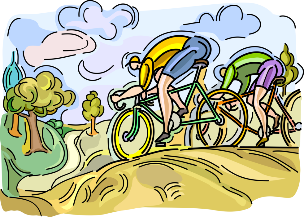 Vector Illustration of Cycling Enthusiasts in Cross-Country Bicycle Ride
