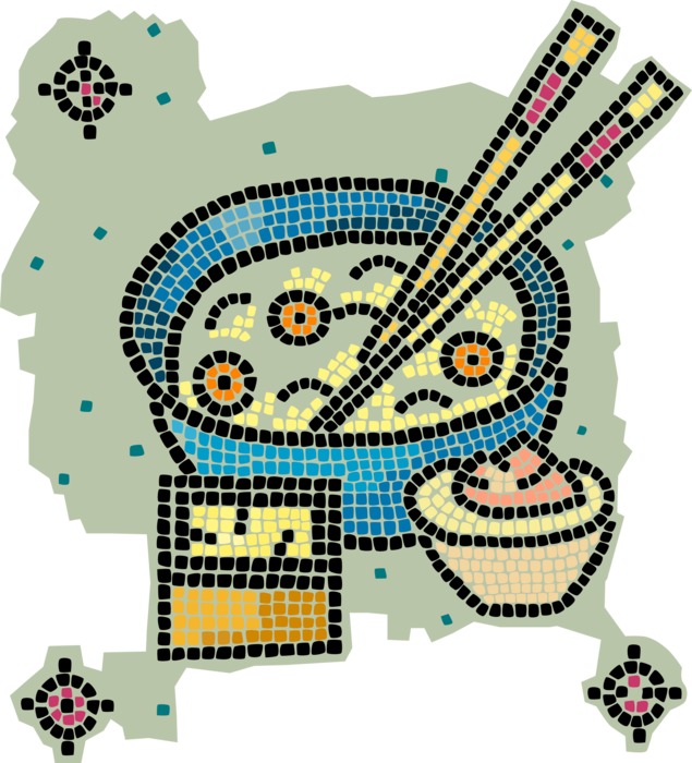 Vector Illustration of Decorative Mosaic Chinese Rice Bowl with Chopsticks