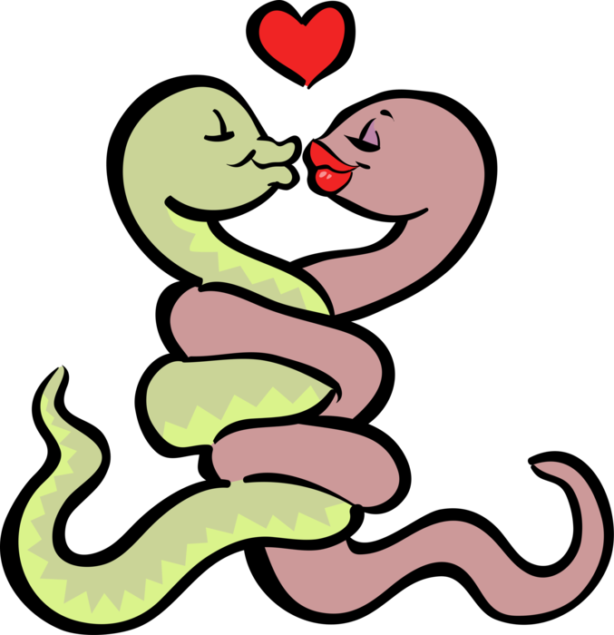 Vector Illustration of Romantic Reptile Snakes Embrace and Kiss with Love Heart
