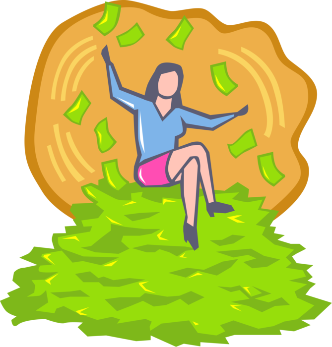 Vector Illustration of Businesswoman Sits on Pile of Money Cash Dollars