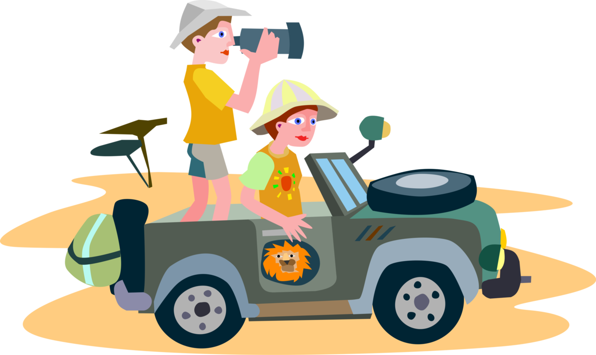 Vector Illustration of Tourists on Vacation Filming Wildlife Animals with Camera in African Safari Jeep Vehicle
