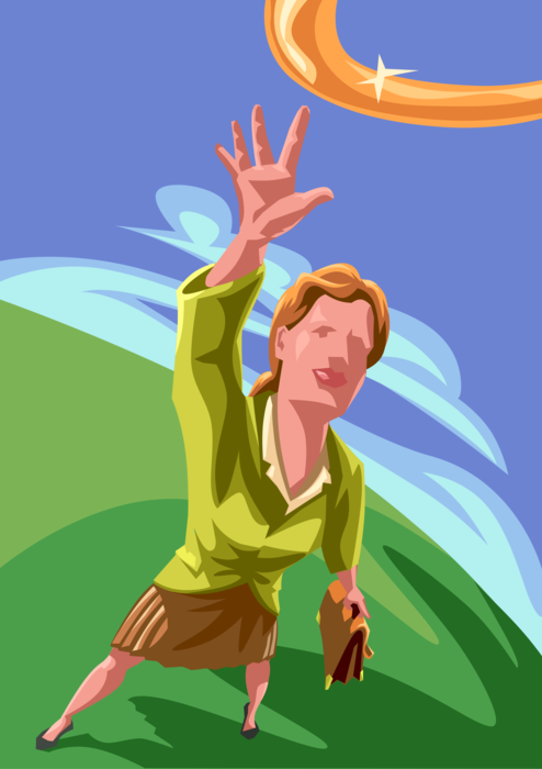 Vector Illustration of Businesswoman Grabbing the Brass Ring and Striving for the Highest Prize