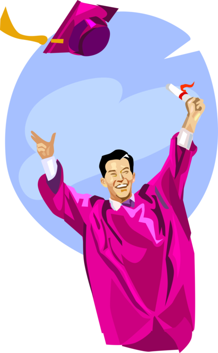 Vector Illustration of Graduating Student Celebrates Throwing Cap in Air on School Graduation Day