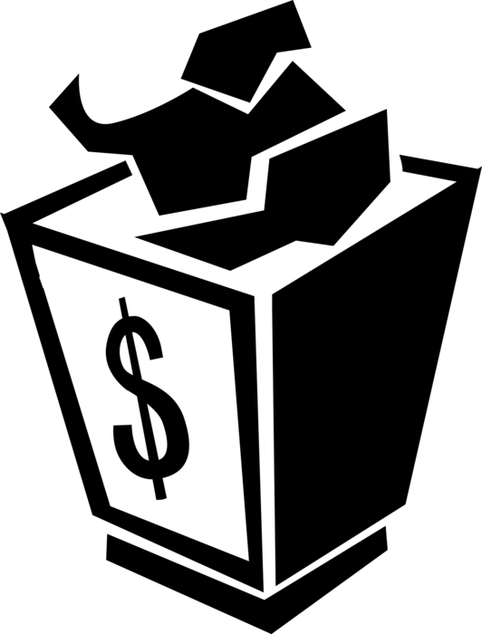 Vector Illustration of Waste Basket, Dustbin, Garbage Can, Trash Can for Rubbish with Cash Money Dollar Sign