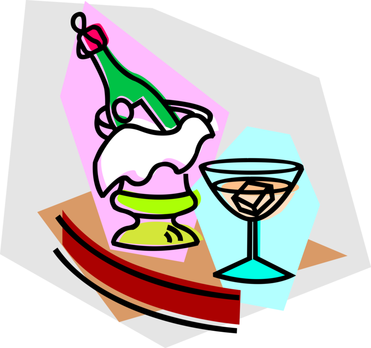 Vector Illustration of Champagne Bottle Chilling on Ice in Bucket in Bar or Barroom Tavern Drinking Establishment