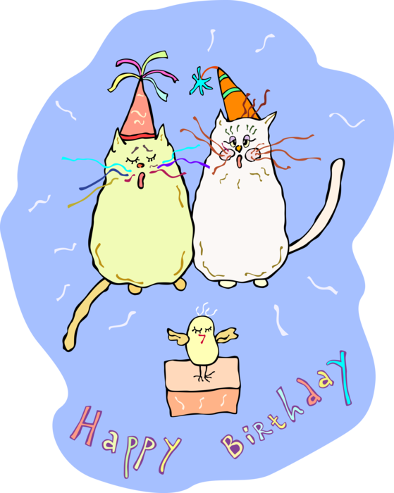 Vector Illustration of Happy Birthday Party Kitten Cats and Chick Bird