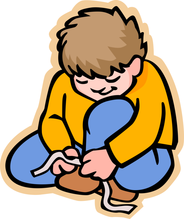 Vector Illustration of Primary or Elementary School Student Boy Learning to Tie Shoe Laces