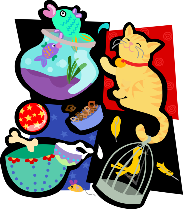 Vector Illustration of Birdcage, Cat, Aquarium Fish, Bowl