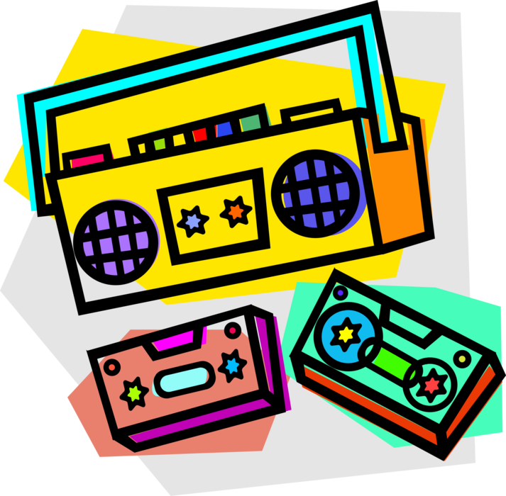 Vector Illustration of Home Audio and Video Entertainment Systems with Cassette and Videotape