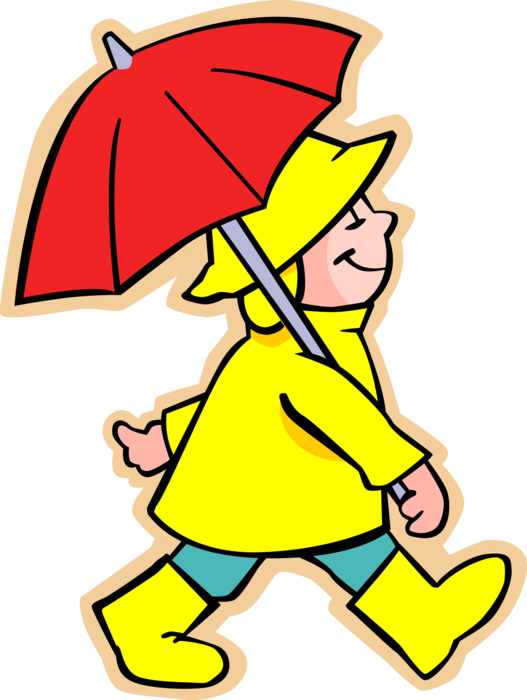 Vector Illustration of Primary or Elementary School Student Boy with Umbrella or Parasol Rain Protection
