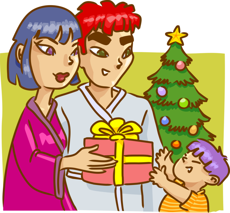 Vector Illustration of Family on Christmas Morning Exchanging and Opening Gift Presents