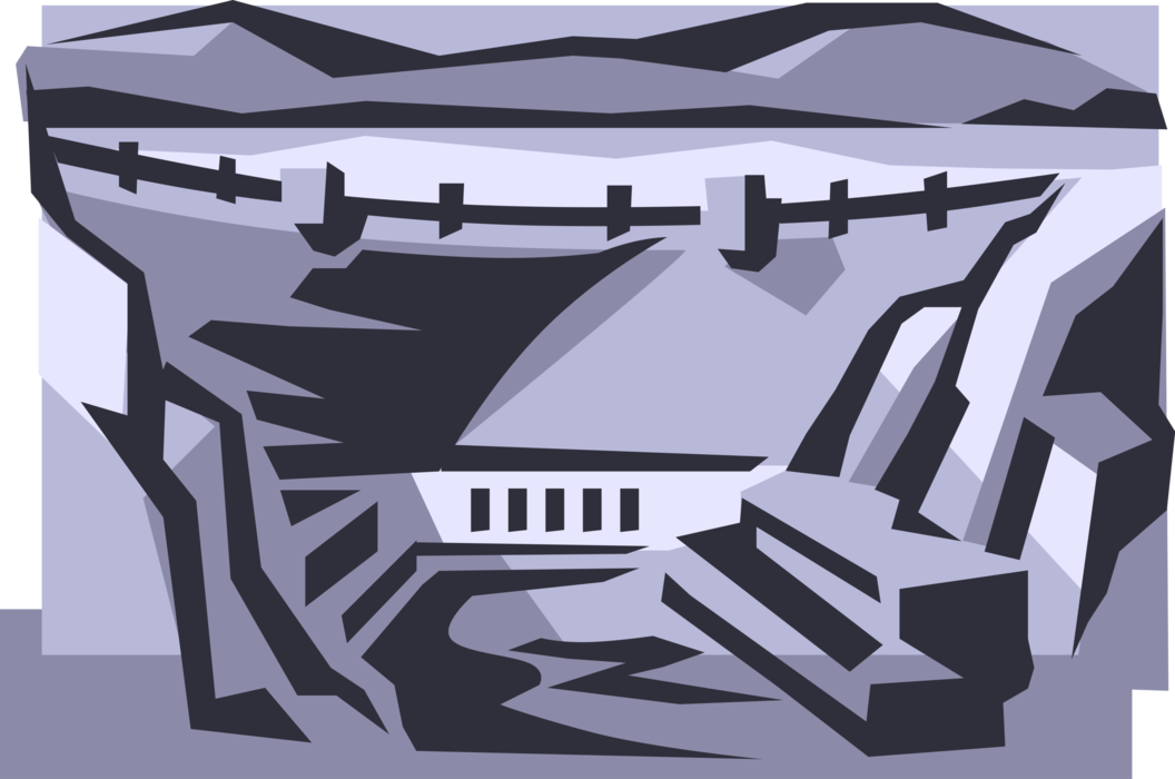 Vector Illustration of Hoover Dam Concrete Arch-Gravity Dam in Black Canyon, Colorado River, Nevada
