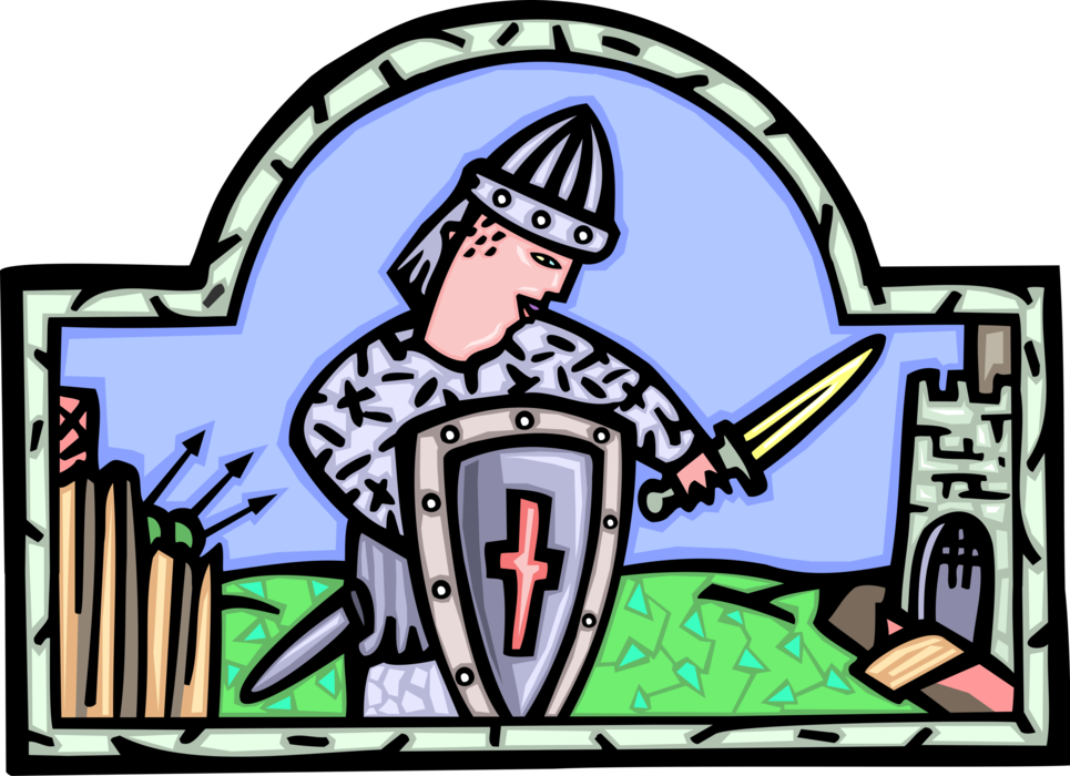 Vector Illustration of Medieval Warrior Knight with Shield and Sword