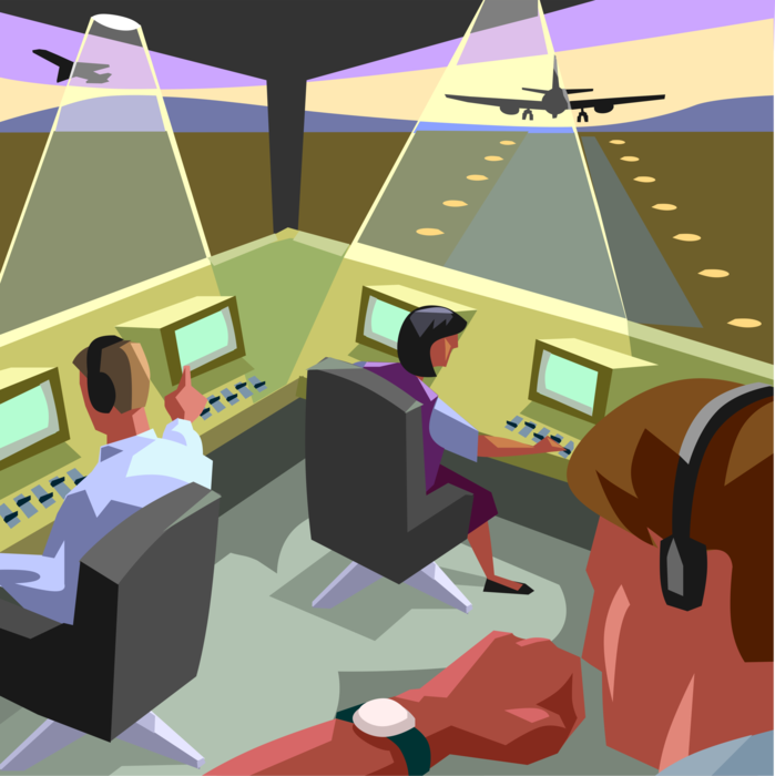 Vector Illustration of Airport Air Traffic Control Maintains Safe, Orderly Flow of Commercial Airline Traffic